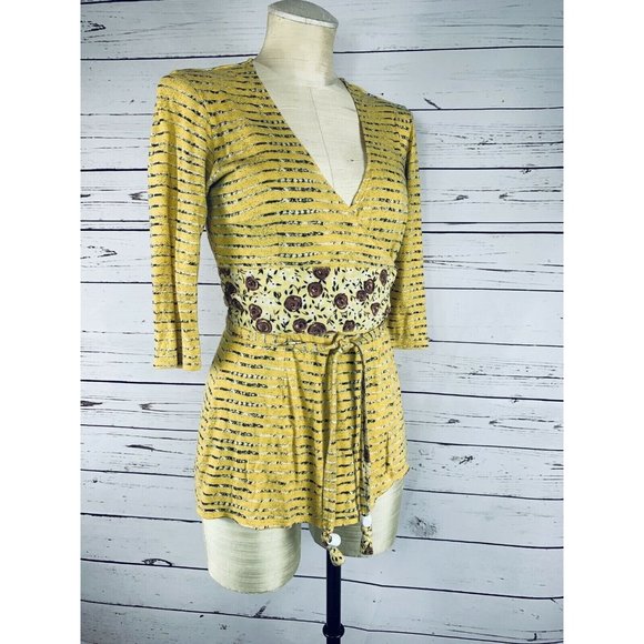 Plenty By Tracey Reese Shirt Yellow Tunic Wrap Tie Belt Petite - Picture 4 of 10